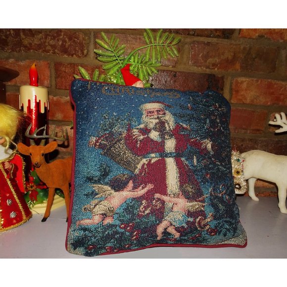 Vintage Cross Stitch Santa & Angels Pillow Christmas decorative farmhouse - Picture 4 of 8